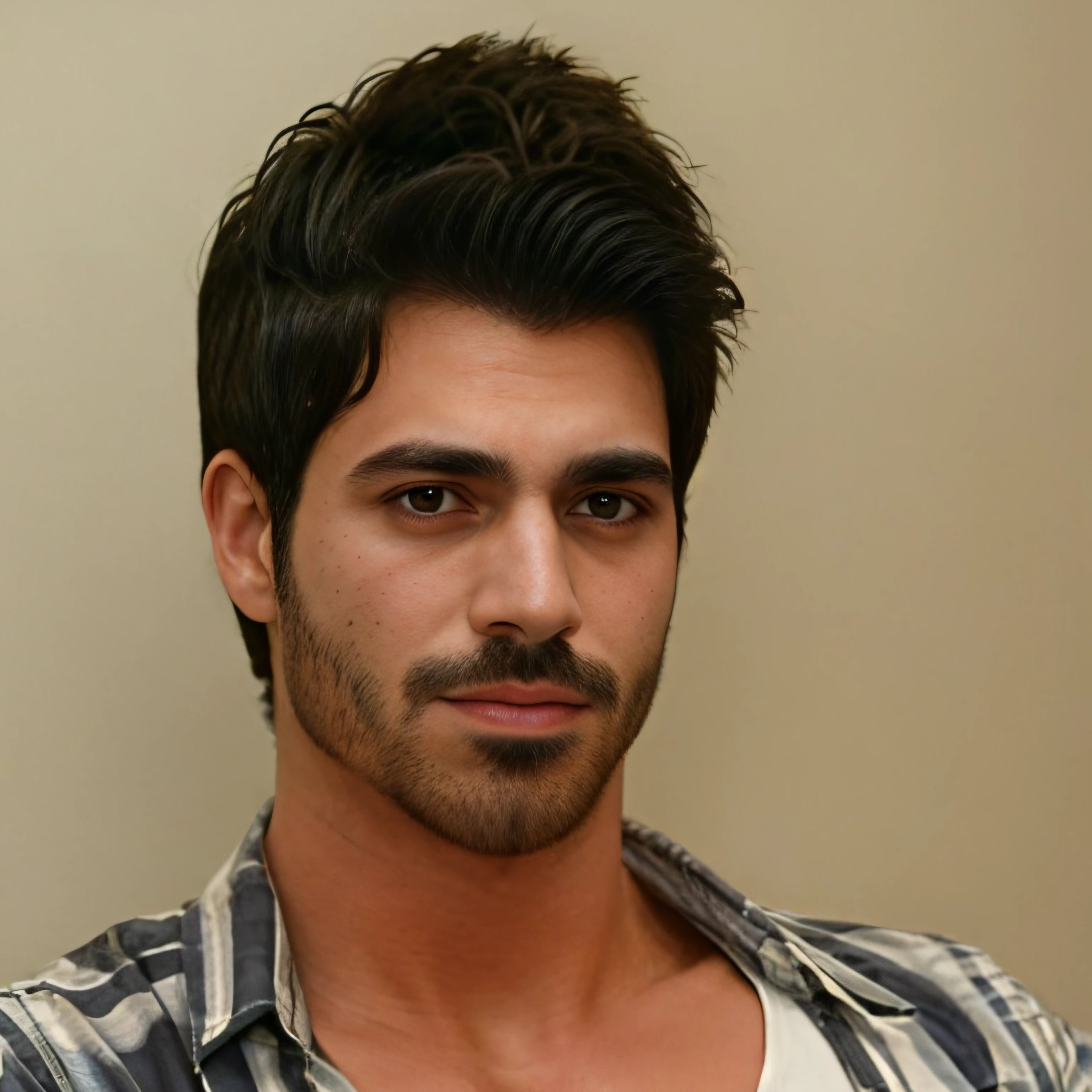 <lora:Rodrigo Gomes Simoni:0.7>, 1boy, 1male, beard, black hair, facial hair, looking at viewer, male focus, mustache, open shirt, portrait, realistic, rodrigo gomes simoni, shirt, short hair, solo, upper body
