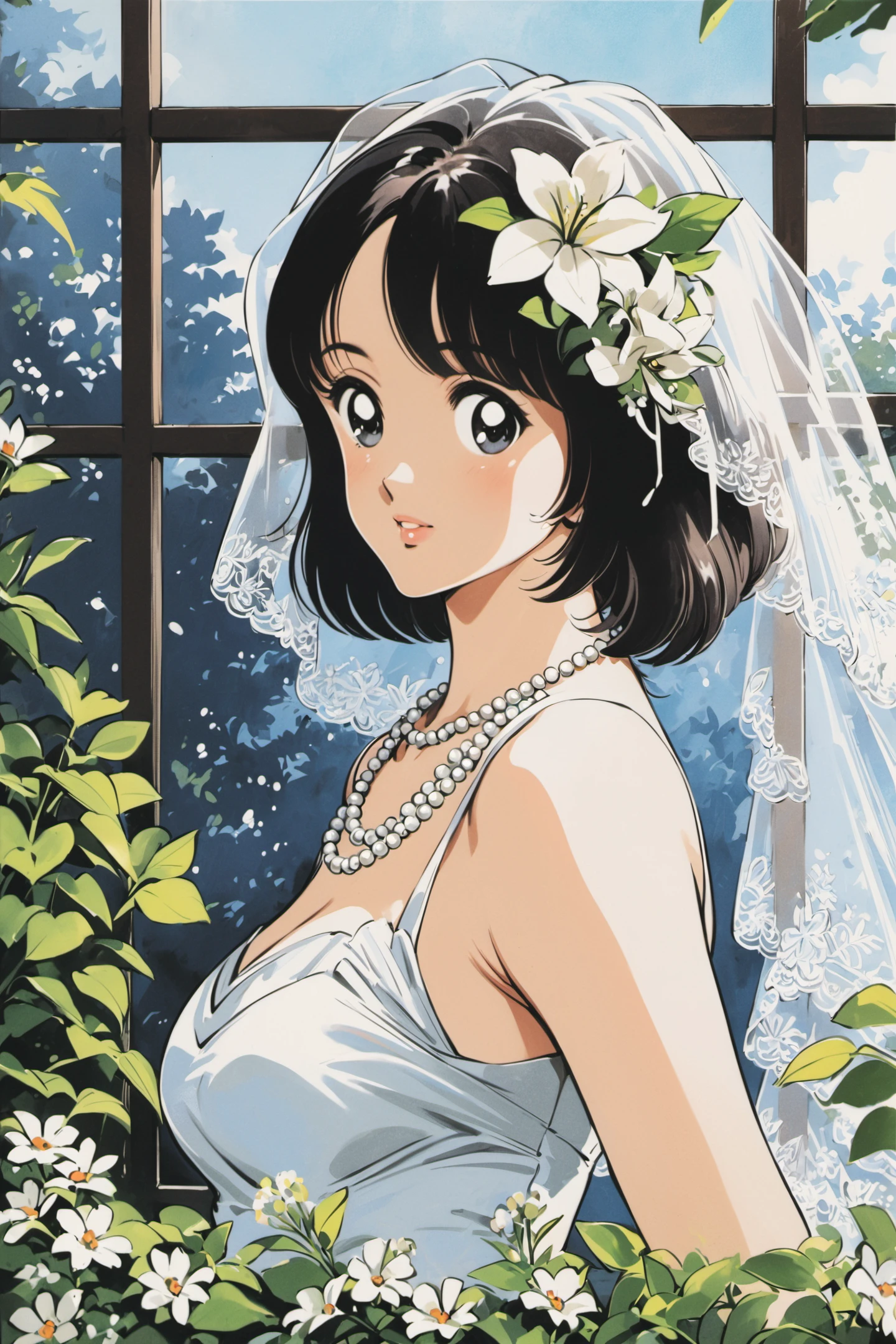 1girl, jewelry, solo, flower, necklace, black hair, dress, medium hair, hair ornament, veil, hair flower, white flower, wedding dress, window, black eyes, leaf, upper body, white dress, pearl necklace, looking at viewer, bride, traditional media, bridal veil, <lora:Adachi_XL:0.8>