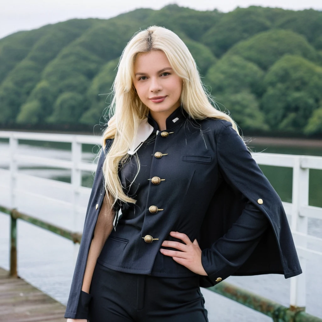 black gloves,Create a portrait in a realistic style, featuring a female student wearing a traditional male  ****** high school uniform, standing on a bridge. Her outfit includes the classic Gakuran jacket with its distinct stand-up collar and five metal buttons, paired with straight-legged trousers, all in jet-black. Additionally, she wears black gloves and a cape that billows slightly in the breeze, adding a unique touch to her ensemble. The bridge setting provides a serene backdrop, with the calm waters below and a hint of the early morning mist enveloping the scene, enhancing the timeless quality of her attire,<lora:gakuran:0.8>    <lora:elsajean_SDXL:0.8> 3lsaj3an, blonde woman