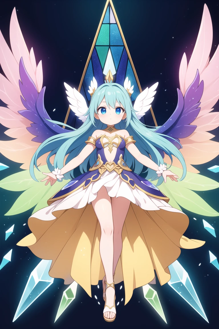 masterpiece, best quality, ultra detailed, anime style, From a crystalline realm, an Azure Sprite descends with wings resembling delicate stained glass. As she explores our world, her radiant aura reflects the beauty of her extraterrestrial origin, casting prismatic hues in her wake