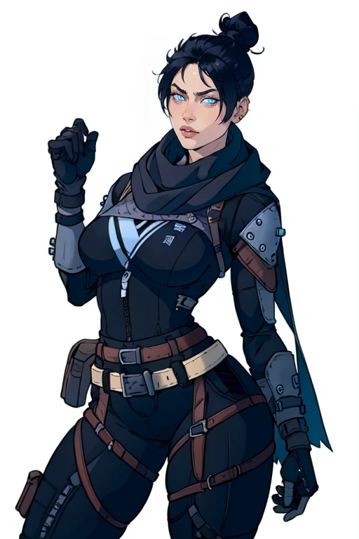 masterpiece,best quality,extreme detail,8k,white background,<lora:wraith:0.7>,wraith,1girl,solo,breasts,looking at viewer,bangs,blue eyes,black hair,gloves,medium breasts,belt,hair bun,scarf,parted bangs,bodysuit,thigh strap,single hair bun,clenched hand,realistic,black bodysuit,brown belt,open hand,black scarf,grey gloves,nose piercing,wide hips,
