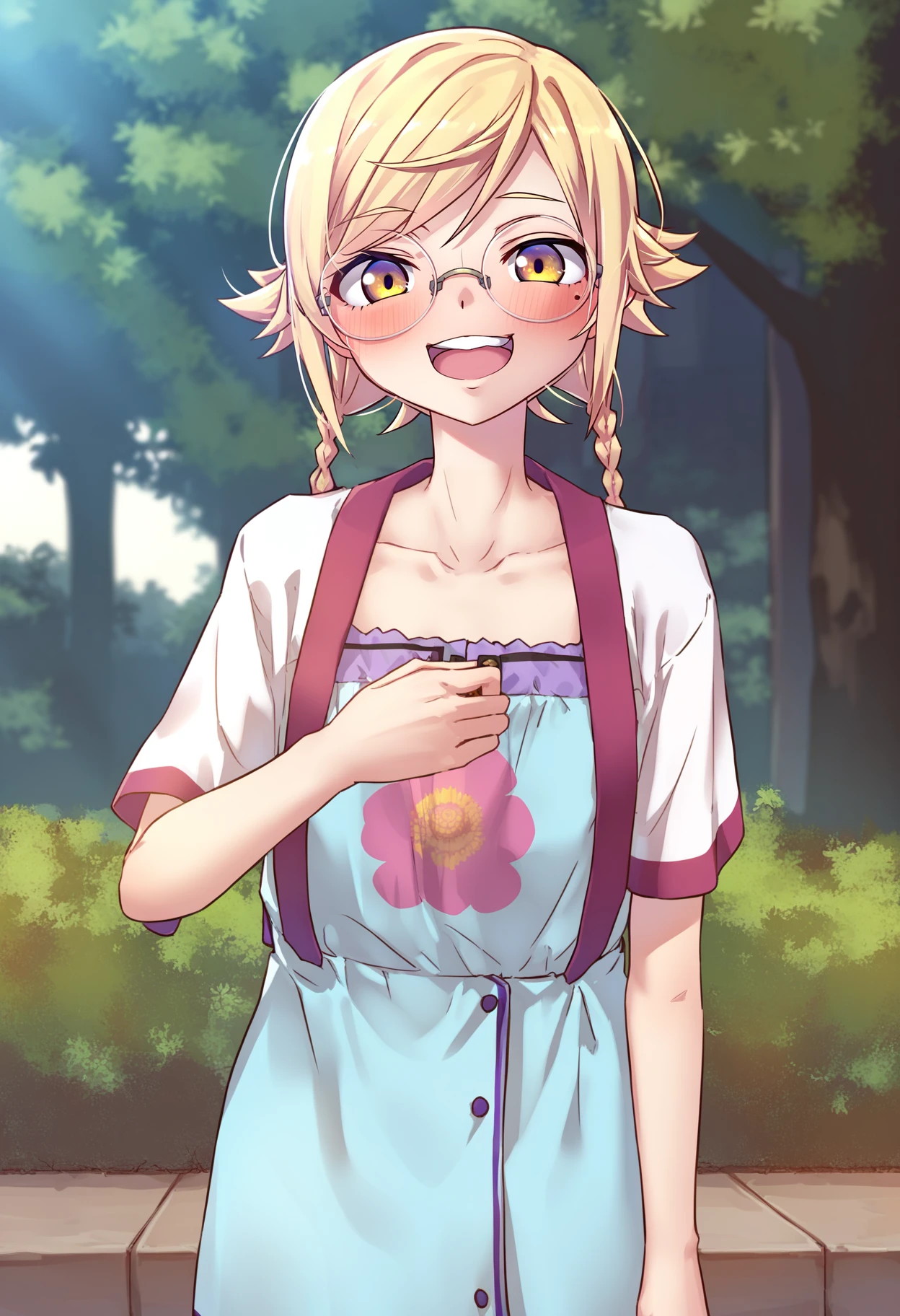 score_9, score_8_up, score_7_up, best quality, masterpiece, uncensored, source_anime
BREAK
1girl, :d, oshino shinobu, blonde hair, twin braids, yellow eyes, round glasses, blush, bush, collarbone, day, looking at viewer, open mouth, outdoors, round teeth, short sleeves, smile, solo, standing, cowboy shot, teeth, tree, yellow eyes
<lora:yamada_pony_v5-000015:1>