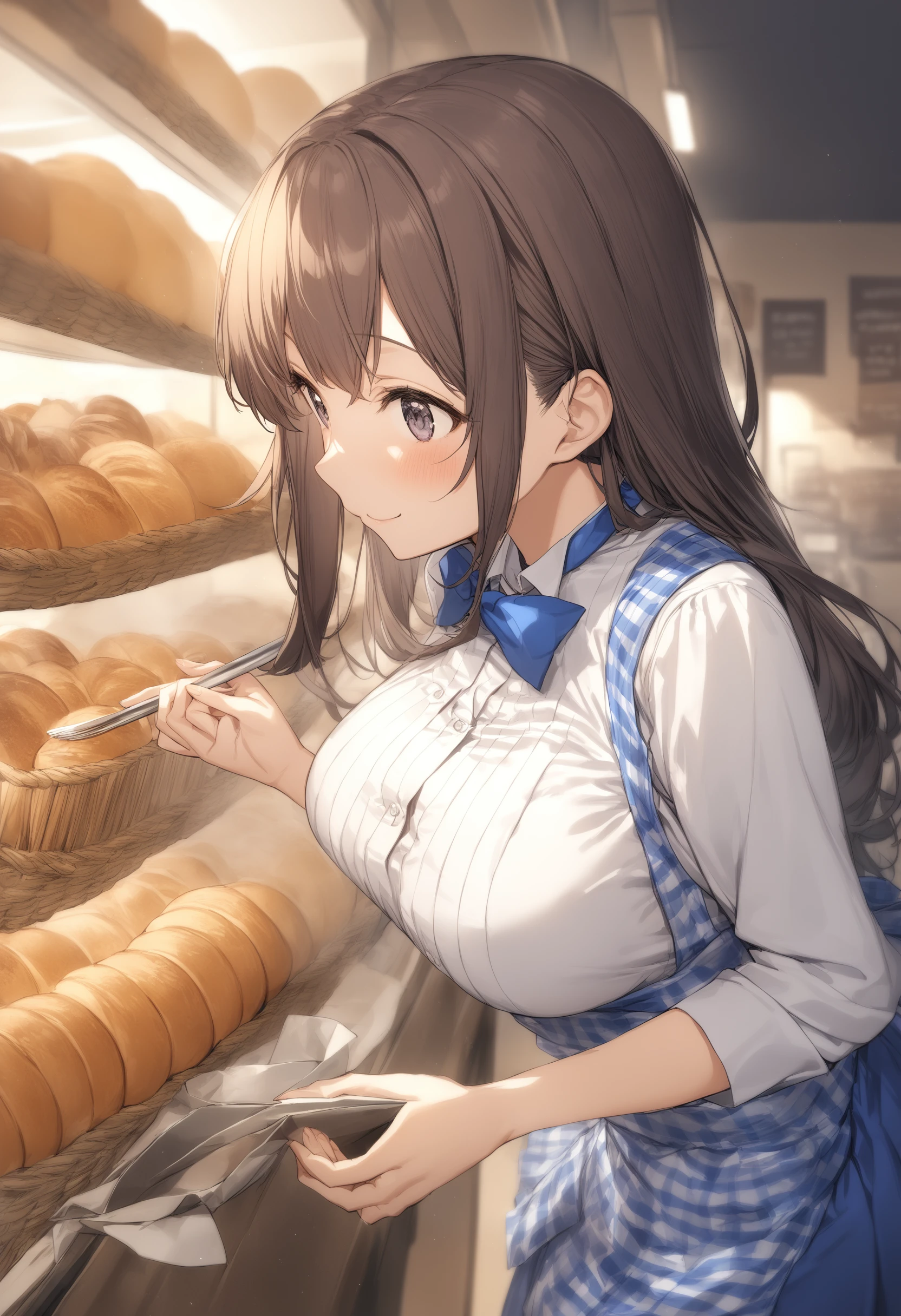 1girl, <lora:sdxl2-flat2-512b:-1>,medium breasts,
<lora:kobeyaXLv1:0.8>,kobeya uniform,blue skirt, blue neckwear, gingham apron, Bakery,
from side, cinematic angle, looking ahead, smile, closed mouth,
best quality,medium quality,