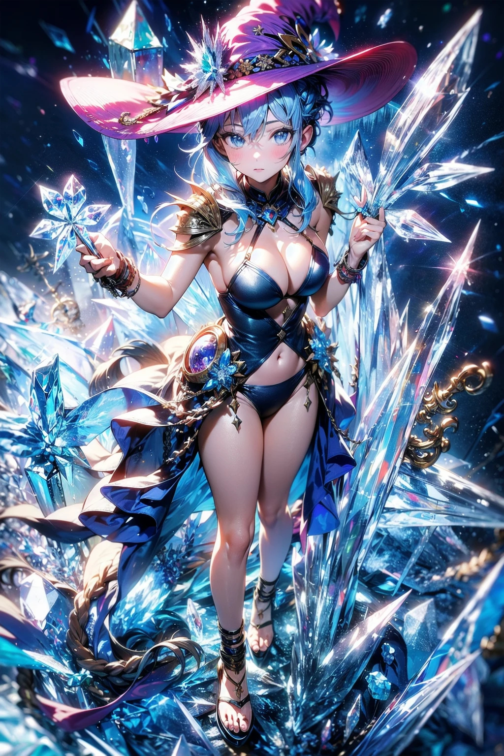 (ice crystal :1.75) spiral blizzard splash
spell magic hat witch wizard wand
long hair (messy hair floating :1.25) severe flow
<lora:apstyle3diff:0.5> apstyle3 apstyle masterpiece best quality detailed eyes
<lora:detail_slider_v4:1.75>
looking at viewer
full body standing  (from above:1.1)