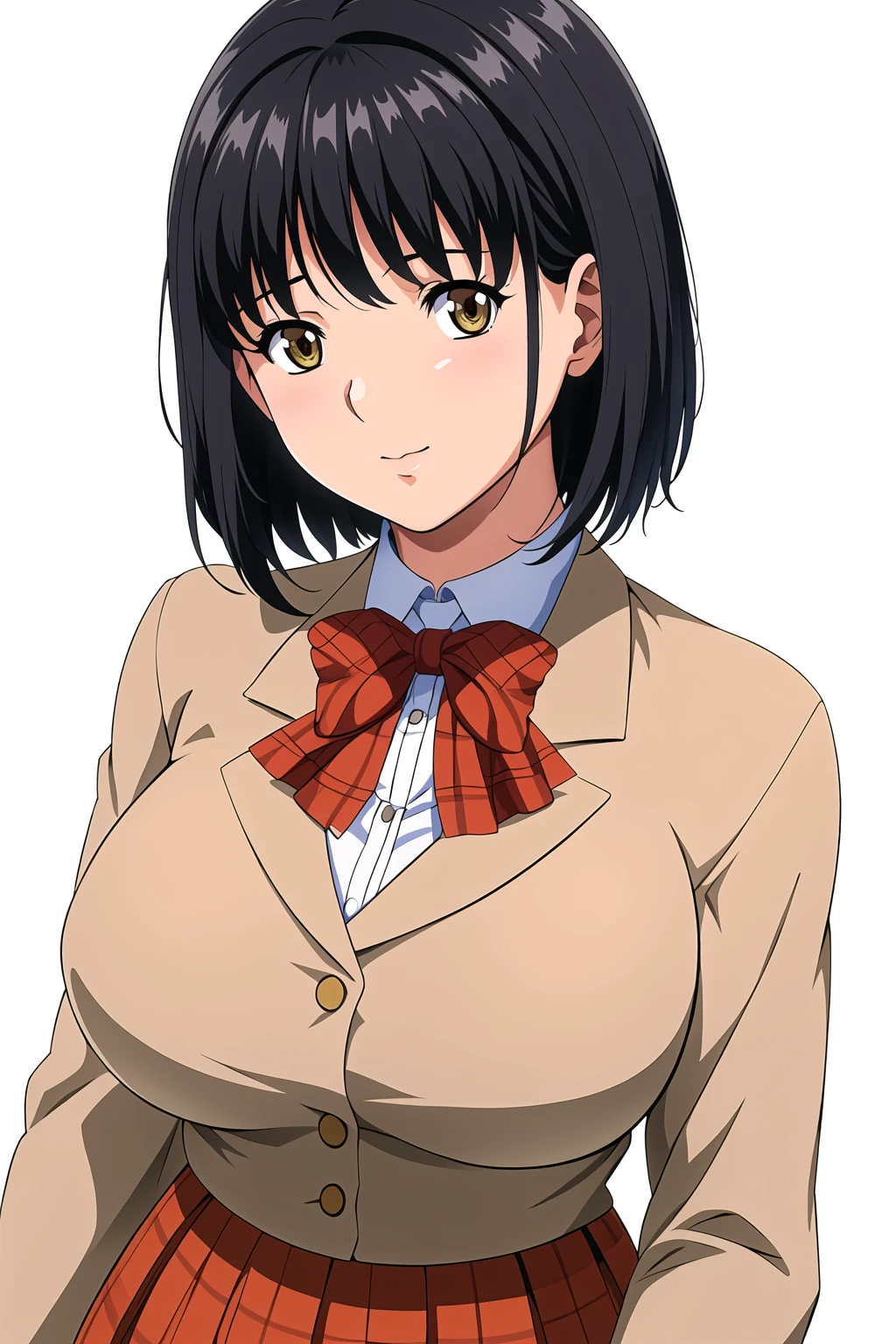 Simple White Background,
school uniform,brown jacket ,long sleeves,white shirt, red bowtie, plaid skirt,
<lora:Asami_Onohara_WifeHighSchoolGirl-KK77-V1:0.7>,
yellow eyes, black hair,bangs,short hair,
<lora:Oda_Non_Style-KK77-V2:0.3>,<lora:more_details:0.1>,
1 girl, 20yo,Young female,Beautiful long legs,Beautiful body,
Beautiful Nose,Beautiful character design, perfect eyes, perfect face,expressive eyes,perfect balance,
looking at viewer,(Focus on her face),closed mouth, (innocent_big_eyes:1.0),(Light_Smile:0.3),
official art,extremely detailed CG unity 8k wallpaper, perfect lighting,Colorful, Bright_Front_face_Lighting,White skin,
(masterpiece:1.0),(best_quality:1.0), ultra high res,4K,ultra-detailed,
photography, 8K, HDR, highres, absurdres:1.2, Kodak portra 400, film grain, blurry background, bokeh:1.2, lens flare, (vibrant_color:1.2),professional photograph,
(Beautiful,large_Breasts:1.4), (beautiful_face:1.5),(narrow_waist),