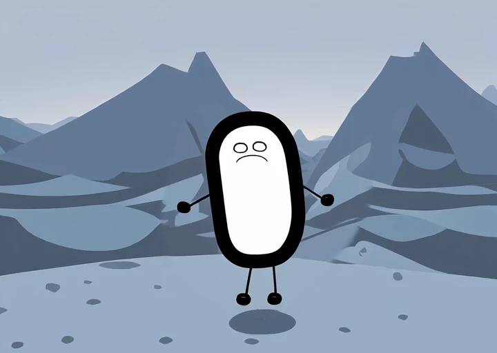 dswants, pill shape, sad face,  cartoon character, stick and dot arms, talking, in the mountains,  <lora:Dogshitter_Wants:1>