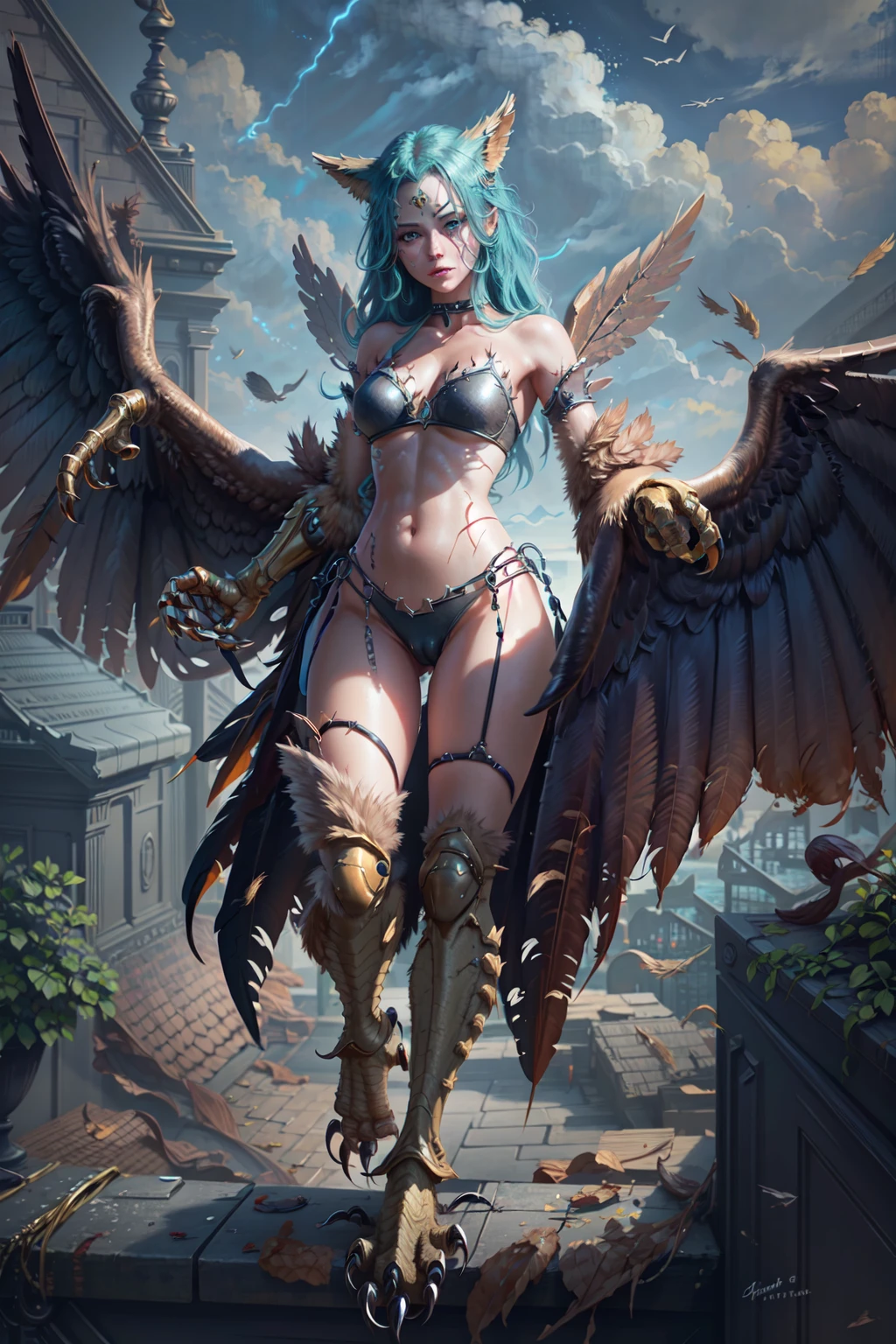 <lora:HarpyG-17:0.9>, HarpyG, winged arms, bird legs, talons, Ultra-detail, (highres:1.1), best quality, (masterpiece:1.3), cinematic lighting
