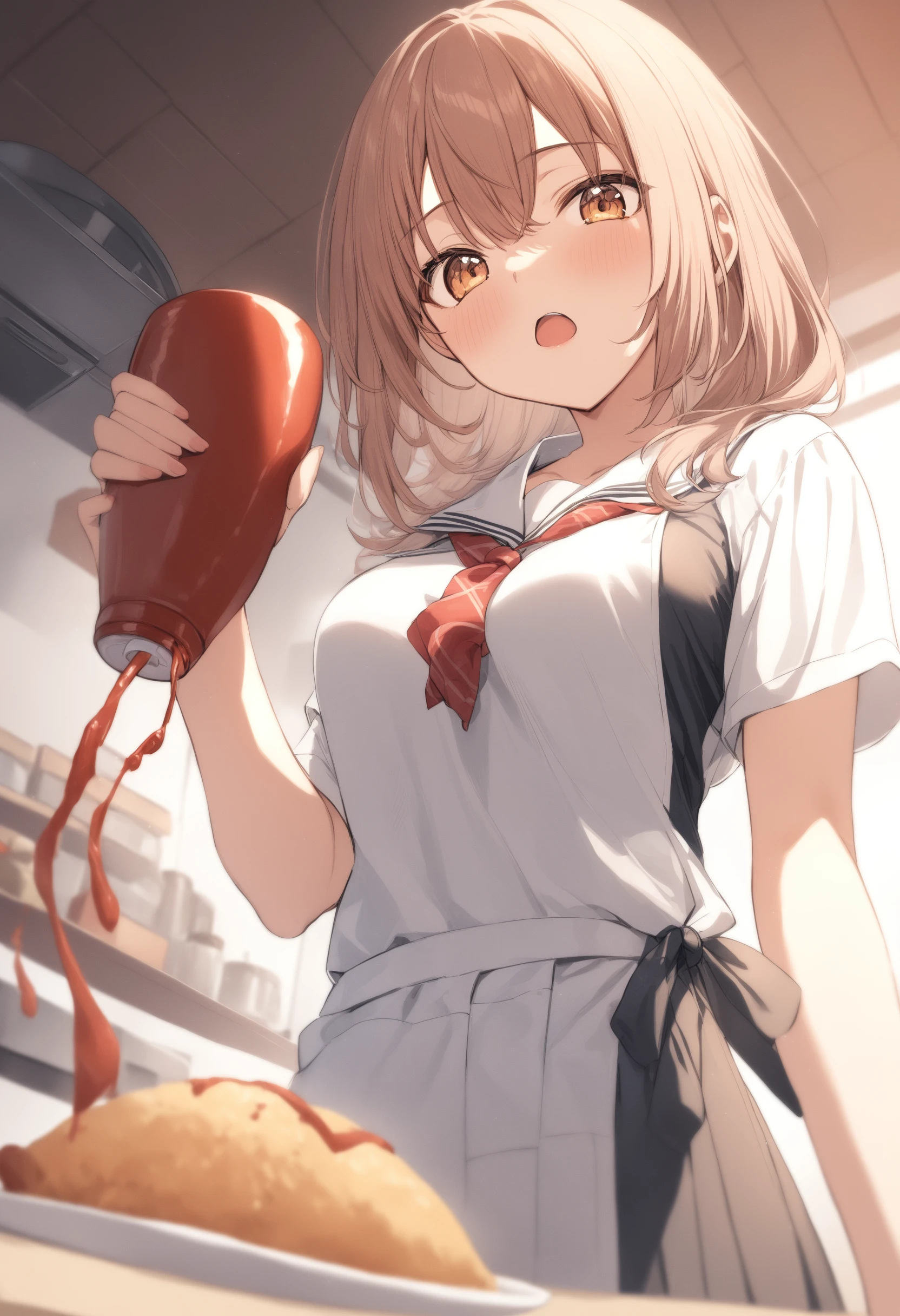 1girl, <lora:sdxl2-flat2-512b:-1>,medium breasts,
<lora:omumojiXLv1:0.8>,omumoji,
food, omurice, ketchup bottle, solo,school uniform, apron, kitchen,
from below, cinematic angle, looking at viewer, bored, open mouth,
best quality,medium quality,