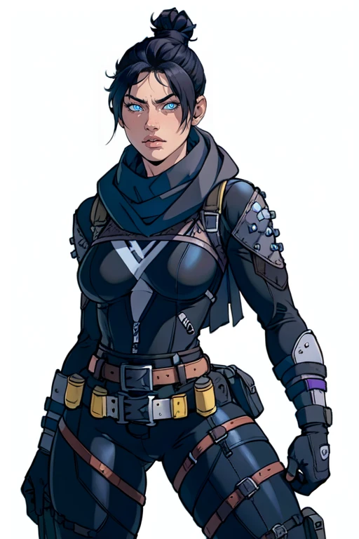 masterpiece,best quality,extreme detail,8k,white background,<lora:wraith:0.7>,wraith,1girl,solo,breasts,looking at viewer,bangs,blue eyes,black hair,gloves,medium breasts,belt,hair bun,scarf,parted bangs,bodysuit,thigh strap,single hair bun,clenched hand,realistic,black bodysuit,brown belt,open hand,black scarf,grey gloves,nose piercing,