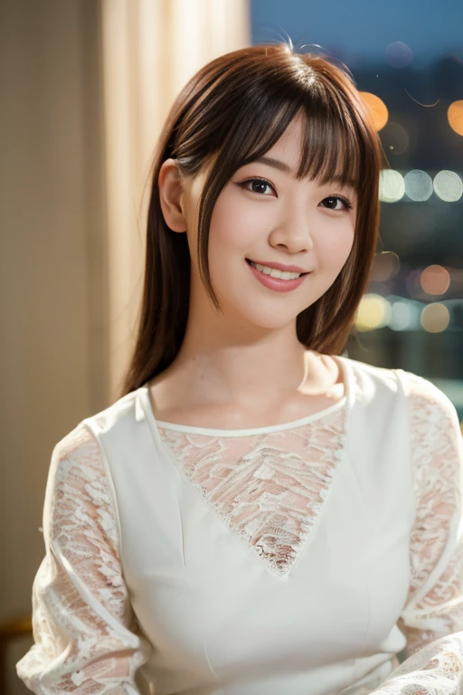 1girl, (lace tops:1.6),(RAW photo, best quality), (realistic, photo-realistic:1.4), (ultra detailed:1.8),masterpiece, an extremely delicate and beautiful, extremely detailed, 2k wallpaper, Amazing, finely detail, extremely detailed CG unity 8k wallpaper, ultra-detailed, highres, soft light, beautiful detailed girl, extremely detailed eyes and face, beautiful detailed nose, beautiful detailed eyes,(professional lighting:1.6),(night, city view:2.0),perfect anatomy,(slender body:1.8),(close up:1.8),(light smile,cheerful,friendly, warm:1.8),(looking at viewer:1.8),(young japanese:1.8),(wavy hair:1.6), (brown eyes:1.8),(sranding:2.0), (blurry,bokeh background:1.6), <lora:anzaiyukari_lora-11:0.8>