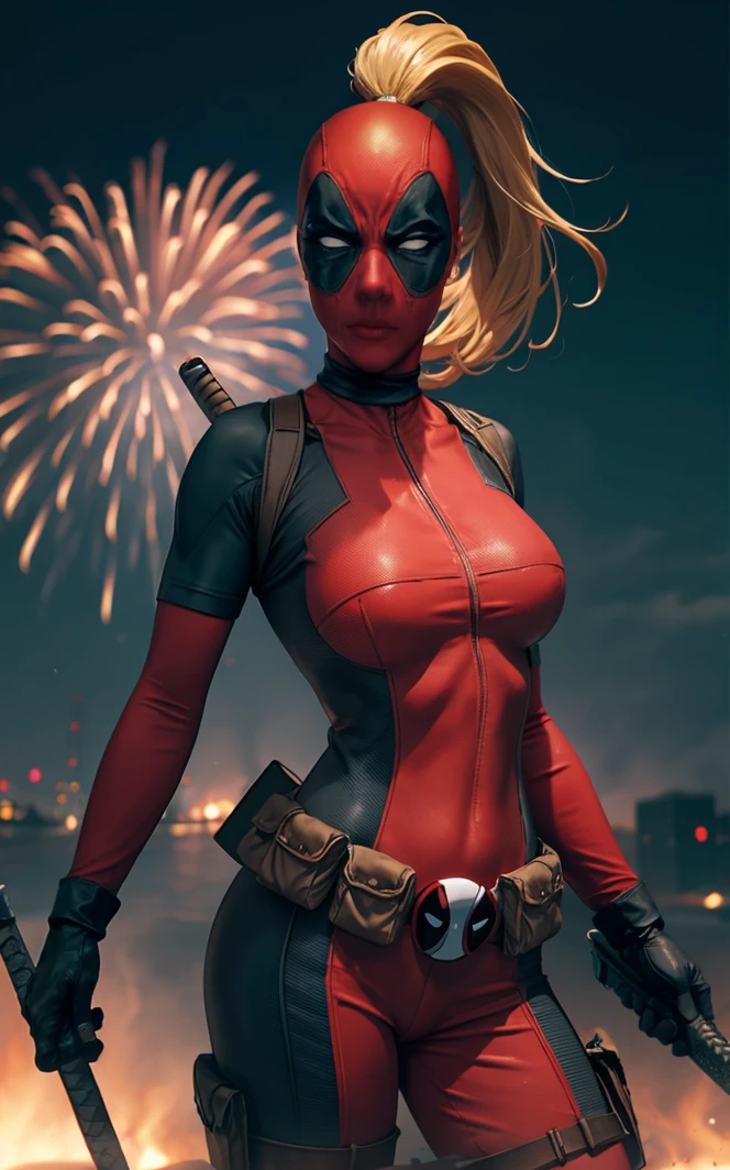 masterpiece, best quality, highres, contrapposto,
BodySuit_lady_deadpool_ownwaifu,
1girl, mask, blonde hair, ponytail, long hair, large breasts, no pupils, 
bodysuit, skin tight, superhero, belt pouch, utility belt, red bodysuit, gloves, weapon on back, thigh pouch, thigh strap, thigh holster, belt buckle, turtleneck, 
<lora:MARVEL_lady_deadpool_ownwaifu:0.8> ,
light particles, depth_of_field, scenery, night, aerial fireworks, solo, cowboy shot, looking at viewer,