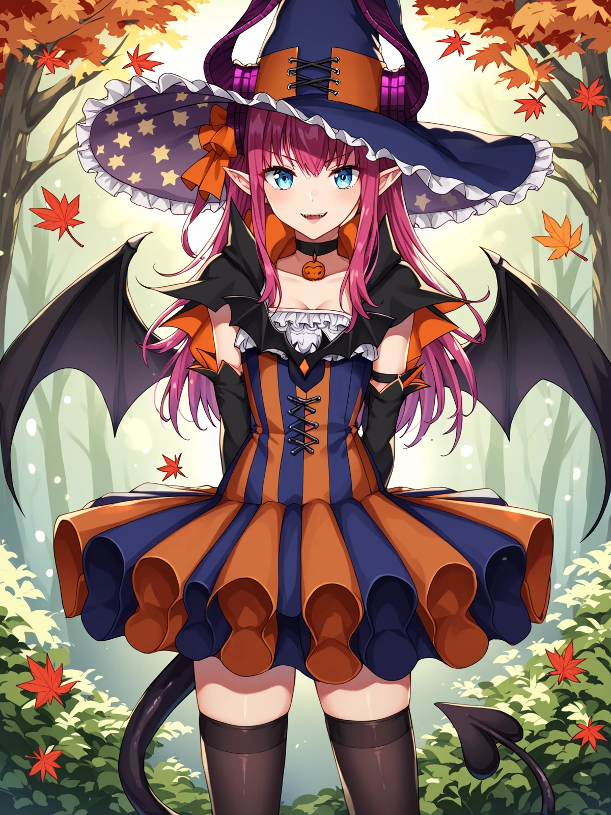 score_9, score_8_up, score_7_up, score_6_up, score_5_up, score_4_up, best quality, high quality, source_anime, rating_safe, anime screencap
BREAK
lizcaster, pink hair, long hair, pointy ears, curled horns, blue eyes, demon tail, witch hat, horns through headwear, vertical-striped dress, choker, bat wings, black thighhighs, 1girl, solo
BREAK
arms behind back, magical forest, dappled sunlight, autumn leaves, detailed background
<lora:dsliz_pd6:1>