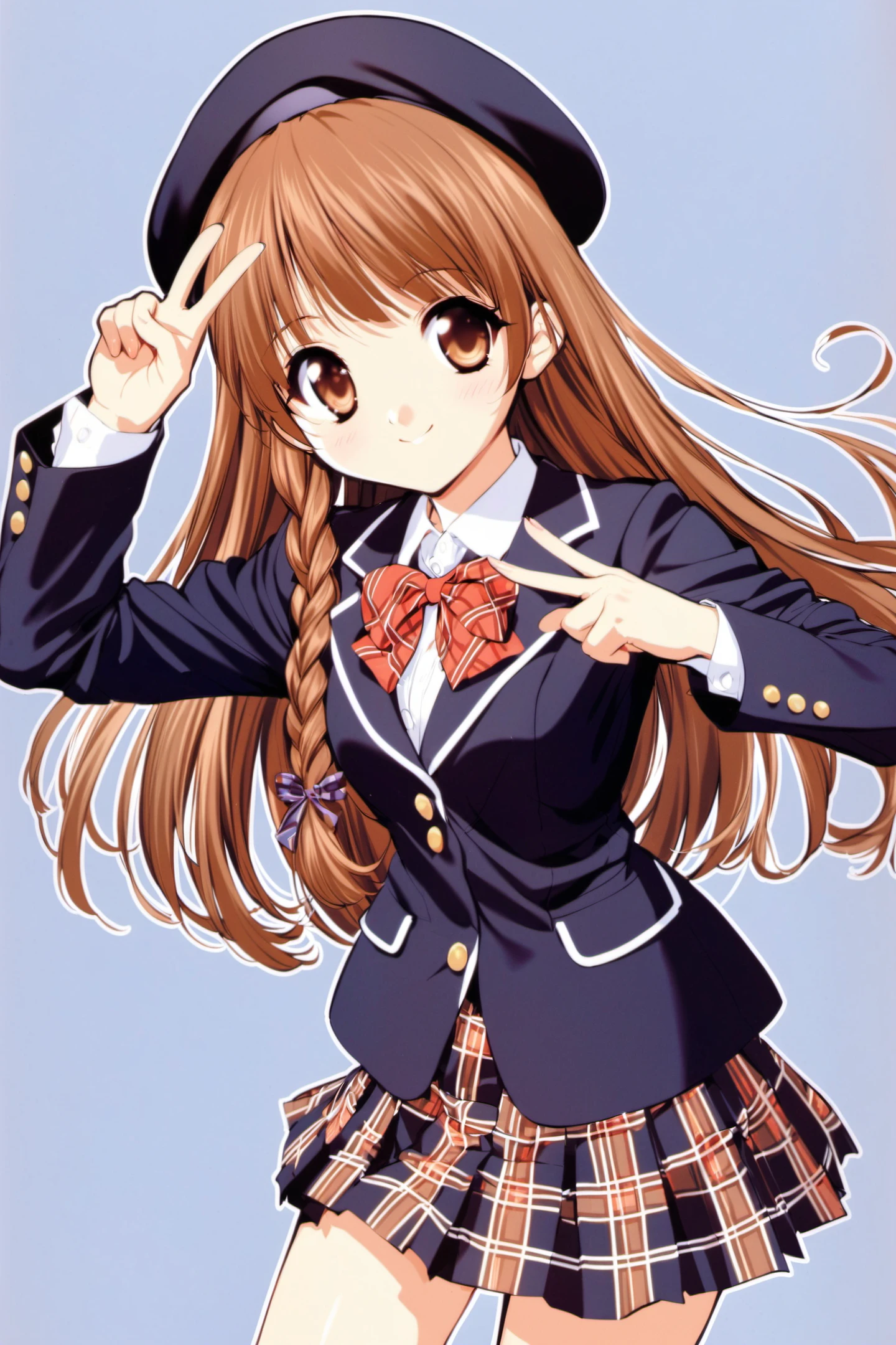 Karen, 1girl, solo, brown hair, hat, long hair, brown eyes, school uniform, skirt, v, braid, plaid, jacket, plaid skirt, bow, beret, long sleeves, smile, simple background, blazer, pleated skirt, <lora:Naoto Tenhiro_XL:0.8>