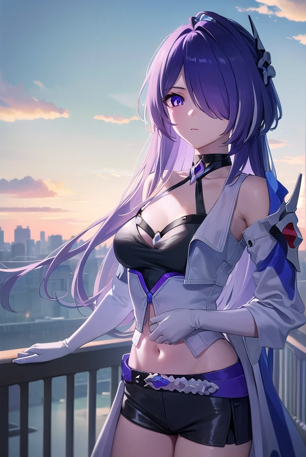 honkaiacheron, <lora:honkai acheron-lora-nochekaiser:1>,
acheron, (hair over one eye:1.5), long hair, (purple eyes:1.1), purple hair, very long hair,
BREAK belt, black belt, black choker, black gloves, black shorts, choker, coat, criss-cross halter, crop top, elbow gloves, gloves, halterneck, midriff, navel, short shorts, shorts, white coat,
BREAK outdoors, city, sky, sun, clouds,
BREAK looking at viewer, (cowboy shot:1.5),
BREAK <lyco:GoodHands-beta2:1>, (masterpiece:1.2), best quality, high resolution, unity 8k wallpaper, (illustration:0.8), (beautiful detailed eyes:1.6), extremely detailed face, perfect lighting, extremely detailed CG, (perfect hands, perfect anatomy),