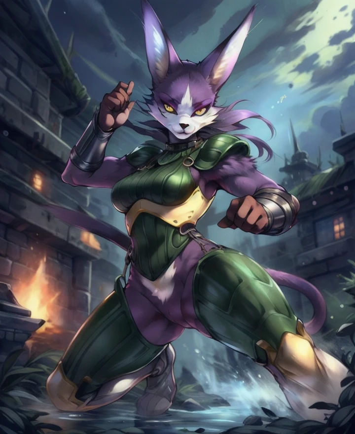 miadothack, female, detailed face, detailed background, armor, looking at viewer, action pose, by submarine screw <lora:Miadothack021-200-Polyfur:1>