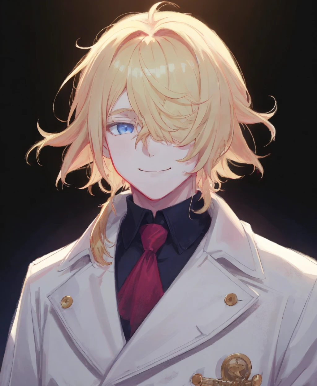 ichimonji,solo,looking at viewer,smile,1boy,closed mouth,blue_eyes,jacket,upper body,male focus,white coat,hair over one eye,one eye covered,<lora:ichimonji_norimune:0.8>,