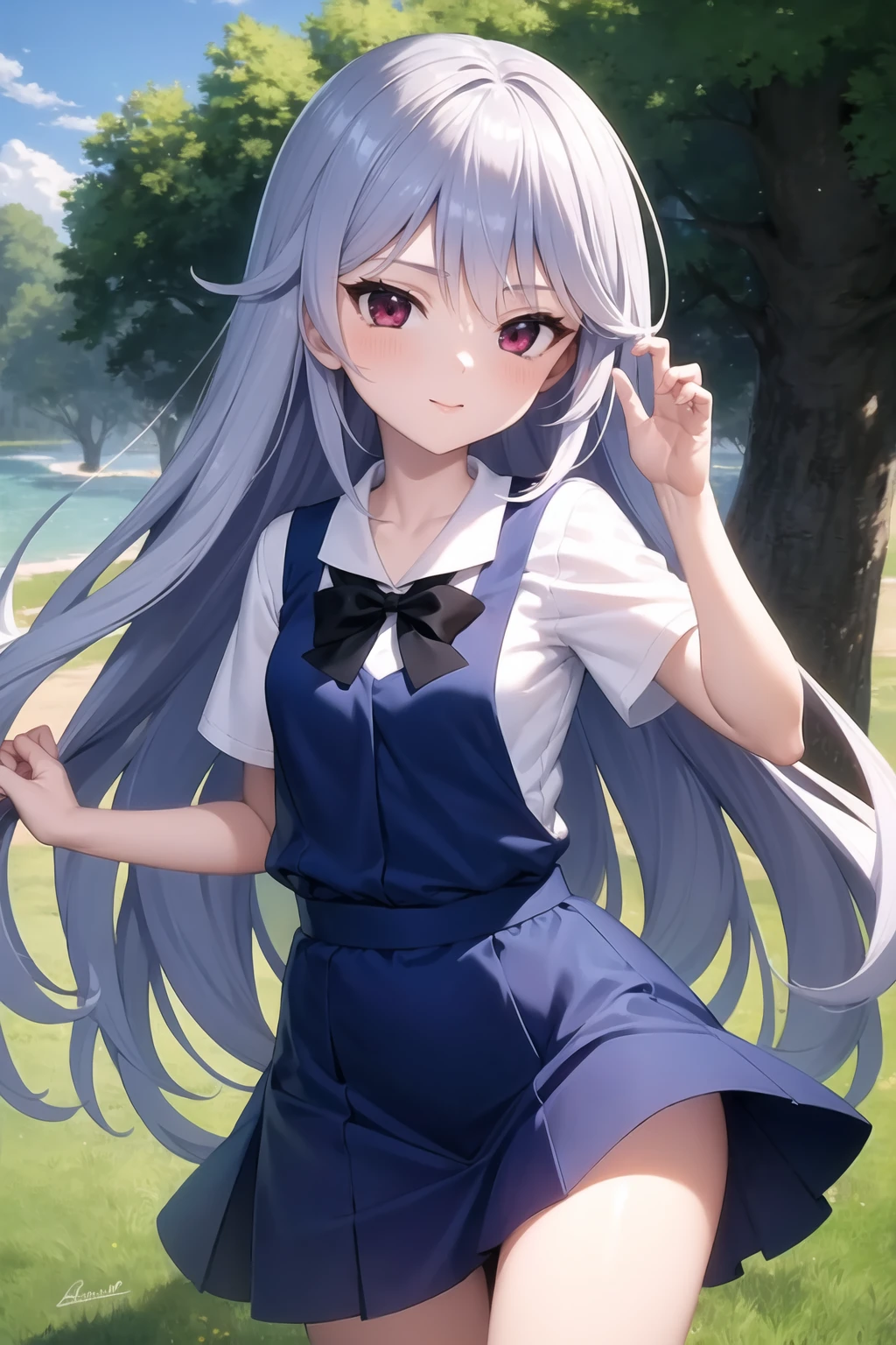 masterpiece, best quality, highres, kei1, 1girl, solo, blue eyes, long hair, white dress, short sleeves, ribbon, bangs, collarbone, gray hair, white skirt, adult appearance, hair ornament, black hair band, black pantyhose, neck ribbon, hair between eyes, large breasts, sailor collar, back, outdoors, (wind: 1.4), panties: 1.3)
