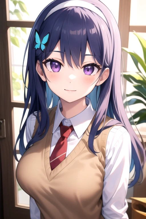((masterpiece)),(best quality),official art,extremely detailed CG,unity 8k wallpaper,ultra detailed,beautiful detailed eyes,extremely detailed face,1girl,solo,upper body,(portrait:1.5),looking at viewer,facing viewer,smile,nanase ririna,long hair,blue hair,hairband,butterfly hair ornament,sidelocks,bangs,purple eyes,sweater vest,beige sweater,red necktie,collared shirt,white shirt,large breasts,red skirt,pleated skirt,black pantyhose,loafers,<lora:Nanase Ririna(ip2):0.7>,
