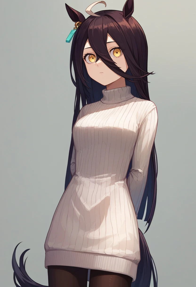 score_9, score_8_up, score_7_up, source_anime, rating_safe, solo, 1girl, manhattancafe, expressionless, looking at viewer, arms behind back, ahoge, white sweater, ribbed dress, sweater dress, black pantyhose, single earring, horse tail <lora:umamusume_manhattancafe_ponyXL:1>