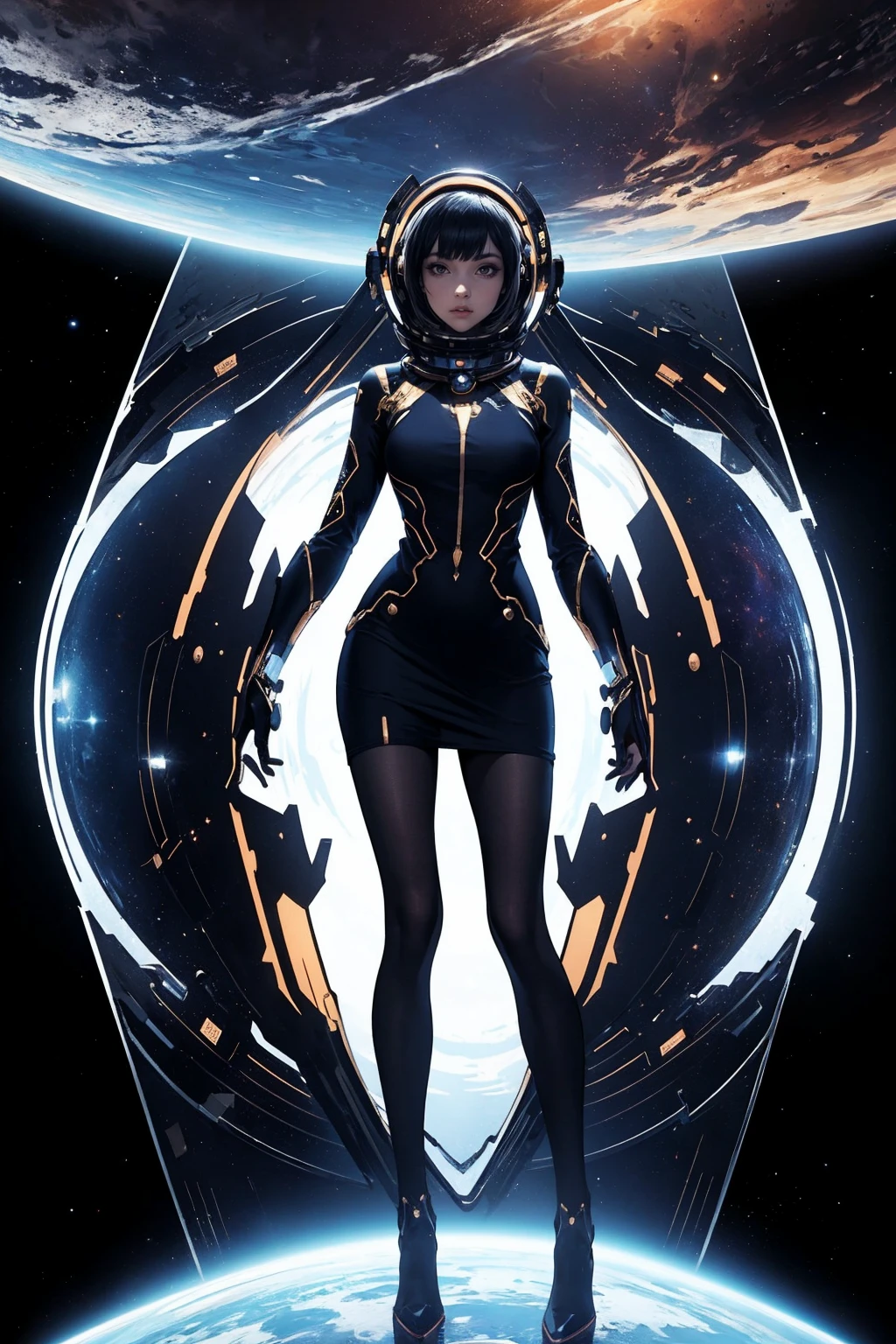 Futuristic-space-empress-dress-with-a-structured-silhouette-and-cosmic-patterns in-a-thematic-scene full-body-which-takes-the-majority-of-the-space