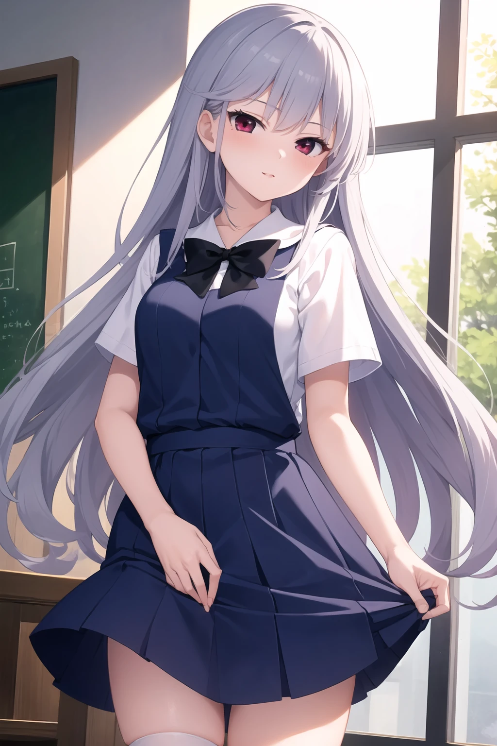 1girl in、A smile、A delightful! The shirt、pleatedskirt、White skirt、(small tits)Squatting panchira、