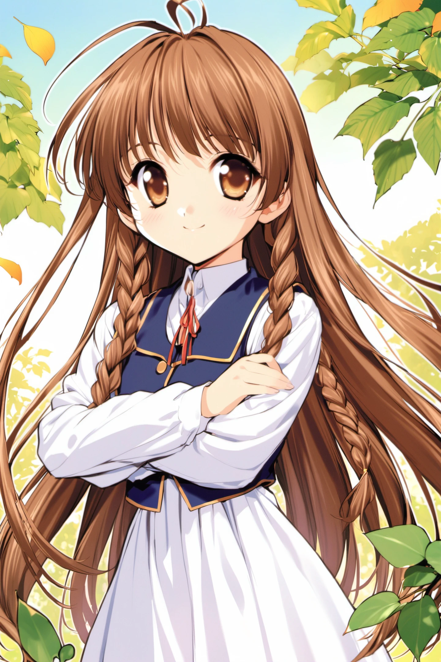 Karen, 1girl, solo, brown hair, braid, brown eyes, long hair, twin braids, smile, leaf, antenna hair, crossed arms, <lora:Naoto Tenhiro_XL:0.8>