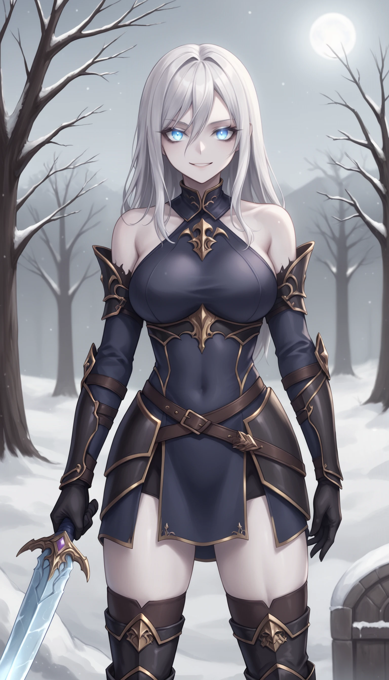 Masterpiece, Best Quality, Extra Detail, 1girl, armor, silver armored boots, bangs, black gloves, blue eyes, boots, breasts, cape, closed mouth, day, flower, forest, full body, full gloves, greaves, grey hair, hair flower, hair ornament, perfect breasts, long hair, looking at viewer, perfect body, naked cape, navel, nipples, nude, outdoors, pauldrons, pussy, silver shoulder armor, smile, snow, solo, standing, tree, silver gauntlets, parted lips