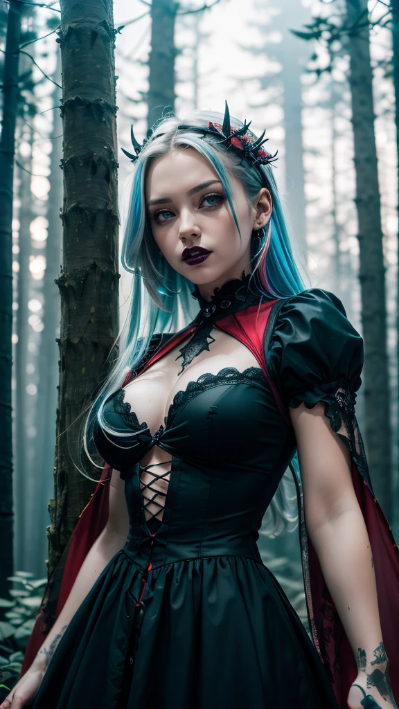(masterpiece drawning, high quality), (solo:1.1), raw photo, a digital art of a girl, hight detailed gothic dress, (red/white/black), mistery forest, Extreme detail, morbid, (vibrant color), (sharp), exposure blend, bokeh, (hdr:1.4), high contrast, (muted colors, dim colors, soothing tones:1.3), low saturation, morbid