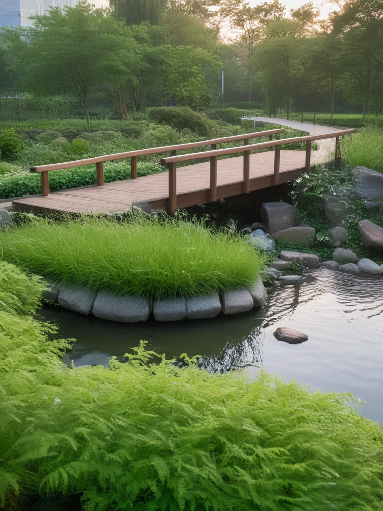 <lora:JJsEcology_Park_XL:.7>, ((Ecology Park)),masterpiece , best quality, Landscape, scenery, outdoors, building, tree, sky, real world location, grass, bush, flower, city, water, lawn, sidewalk, ivy, bench,sakura, dawn, rain,pond,day, column, beam, RAW photo, subject, 8k uhd, dslr, soft lighting, high quality, film grain, Fujifilm XT3, aquatic plants, wood hand rail, soil, wild grass,  river, rock,pebble,