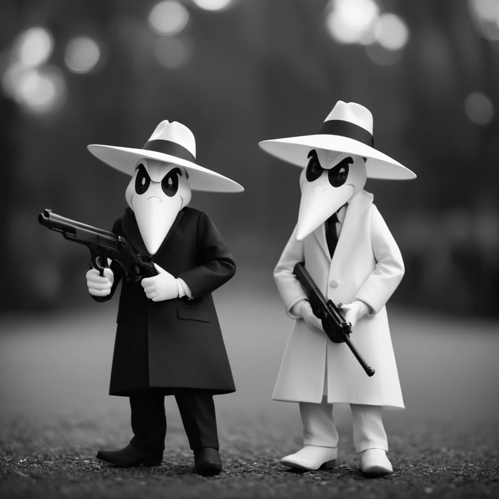 cinematic film still of  <lora:spy vs spy style v2:1>
cinematic film still of <lora:spy vs spy style:1> black vs white two cartoon characters dressed in white and black spy vs spy style,smile,hat,weapon,male focus,multiple boys,necktie,belt,2boys,grin,gun,bird,parody,formal,sunglasses,suit,handgun,style parody,fedora,duck,beak cartoon, anime, funny, gun, pistol, weapon, dynamite, shallow depth of field, vignette, highly detailed, high budget, bokeh, cinemascope, moody, epic, gorgeous, film grain, grainy, shallow depth of field, vignette, highly detailed, high budget, bokeh, cinemascope, moody, epic, gorgeous, film grain, grainy