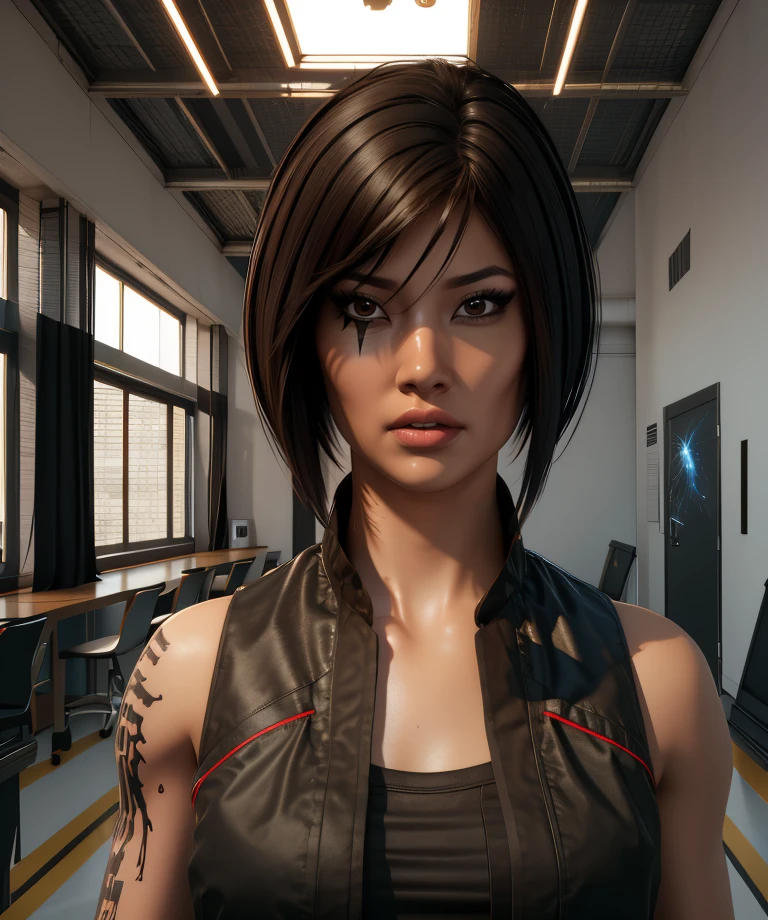 Faith,brown eyes,black hair,short hair,
arm tattoo,eye mark,elbow pad,
black shirt,vest,sleeveless,
standing,upper body,
science fiction,indoors,wgite room,
(insanely detailed, masterpiece, best quality) solo,<lora:FaithConnorsMEC:0.8>,