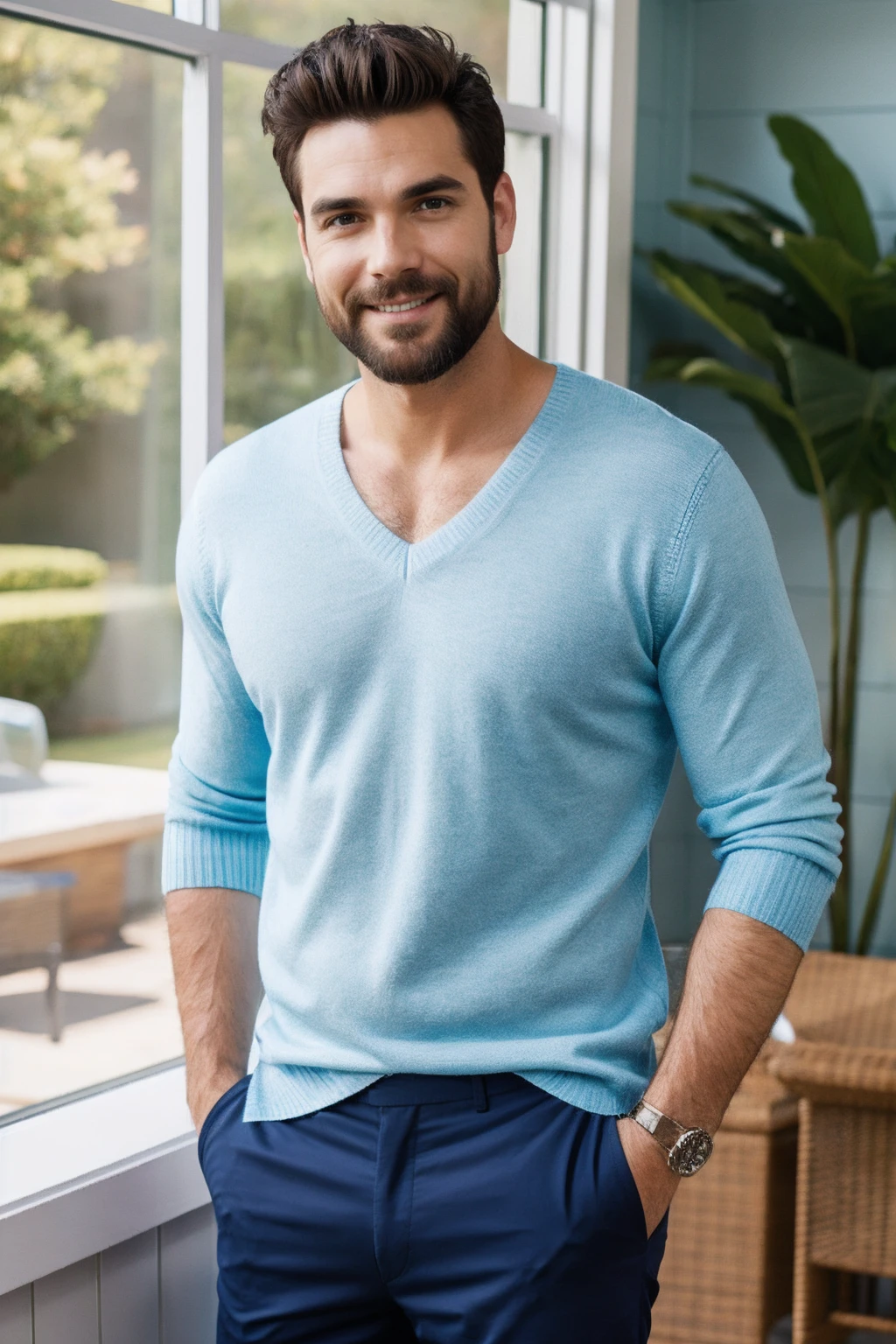 a man wearing V-neck sweater and tailored shorts, sunroom <lora:fic-edgar:1>