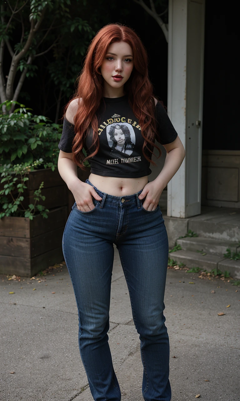 lalyumos, a woman, redhead, outdoors, city, road, street, modern clothes, T-shirt, denim pants, long hair, ((curly hair)), (hands on hip), parted lips,