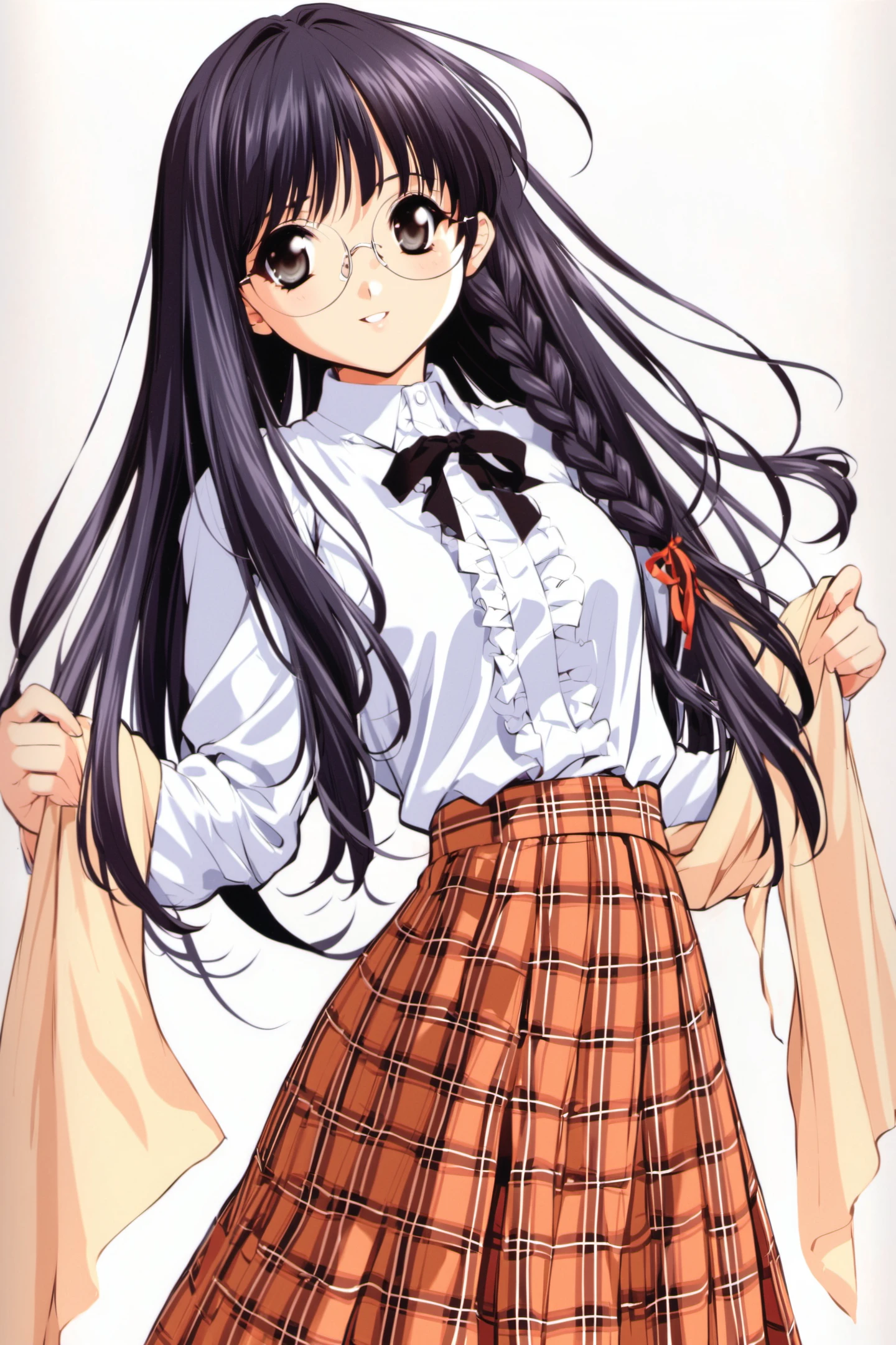 Marie, 1girl, solo, braid, skirt, glasses, long hair, long sleeves, white background, shirt, simple background, white shirt, plaid, bangs, black hair, frills, looking at viewer, ribbon, long skirt, parted lips, cowboy shot, single braid, hair over shoulder, bow, black ribbon, smile, plaid skirt, black eyes, center frills, standing, black bow, shawl, hair bow, hair ribbon, round eyewear, rimless eyewear, sidelocks, <lora:Naoto Tenhiro_XL:0.8>
