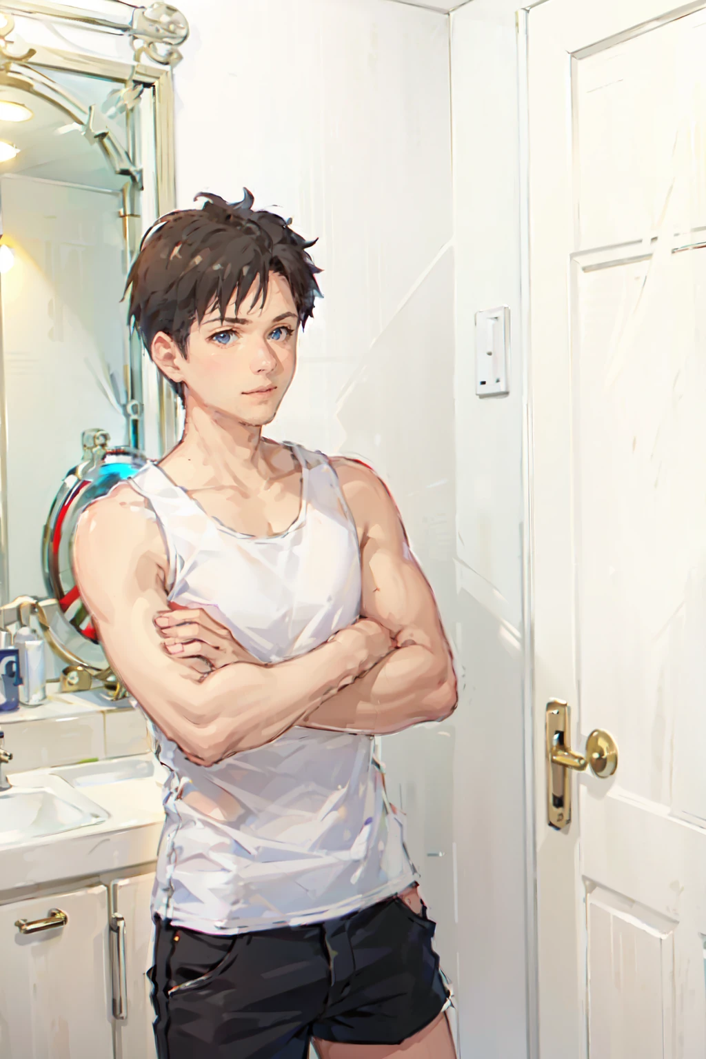 a man wearing Tank top and shorts , quaint B&B room     <lora:fic-Ivon4:1>