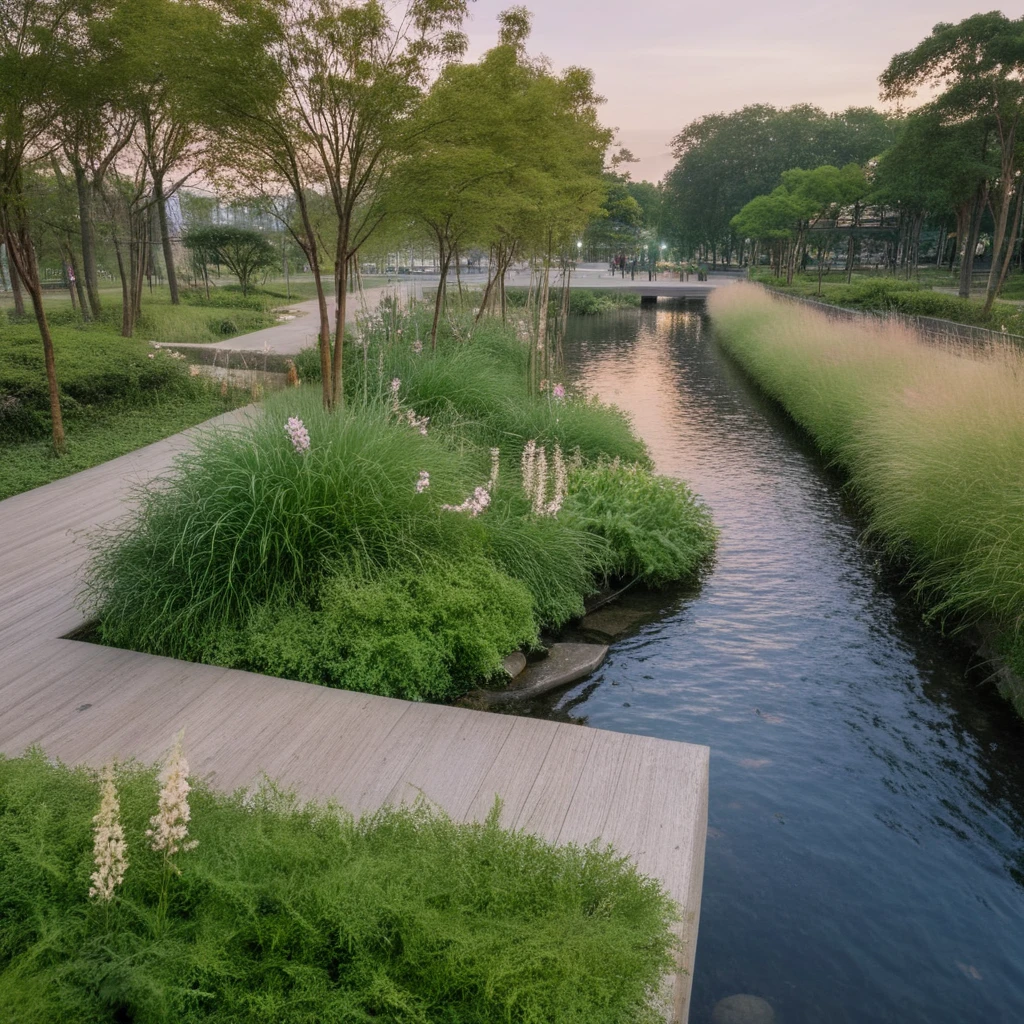 <lora:JJsEcology_Park_XL:1>, ((Ecology Park)),masterpiece , best quality, Landscape, scenery, outdoors, building, tree, sky, real world location, grass, bush, flower, city, water, lawn, sidewalk, ivy, bench,sakura, dawn, rain,pond,day, column, beam, RAW photo, subject, 8k uhd, dslr, soft lighting, high quality, film grain, Fujifilm XT3, aquatic plants, wood hand rail, soil, wild grass, river, rock,pebble, fish under water,