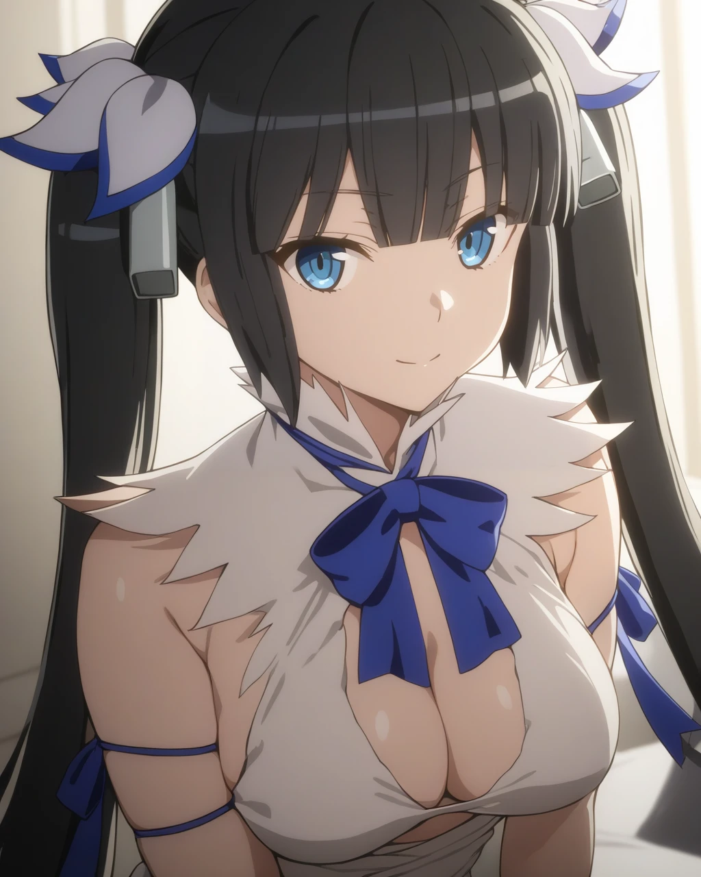 best quality, amazing quality, very aesthetic, absurdres, (1girl, hestia (danmachi),hestia \(danmachi\),long hair,blue ribbon,twintails),(wedding dress:1.8), (night, veil, thigh, arms between legs:1.3), drunk, (cowboy shot), (glowing eyes), (half closed eyes:0.9), (from above0.7), (all fours:1.4), (blush,glare), expressive eyes, perfect face, 4k, extremely detailed anime illustration, extremely detailed eyes, perfect anatomy, light rays, extremely delicate body, smooth skin, (room background:1.5), clear eyes, beautiful face, looking at viewer, (anime style:1.7), (cinematic Light:1.5), (highres:2), big breasts,