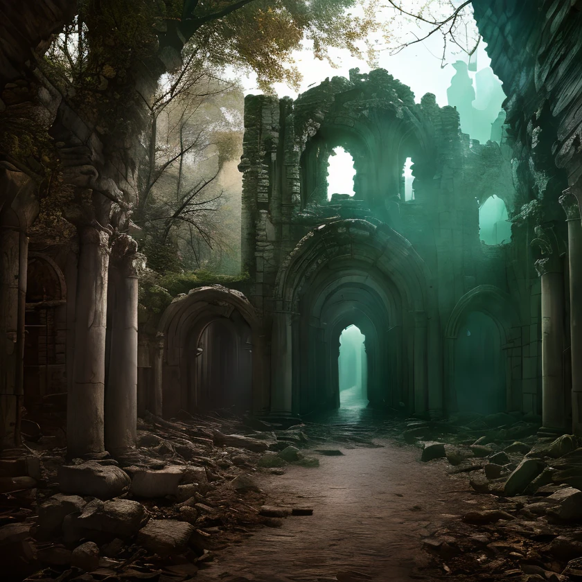 (masterpiece:1.2), (best quality,:1.2), 8k, HDR, ultra detailed, ((photorealistic)), professional light, cinematic lighting, fashion photography, ambient lighting,<lora:detail_slider_v4:3>, sinister ruins in a dark forest, FanRu <lora:FantasyRuins-10:0.7>, epiCPhoto