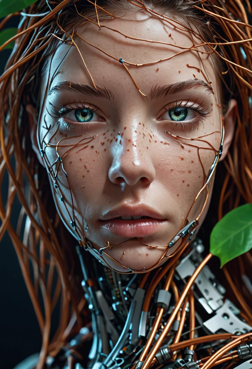 cybernetic robot portrait of a unique breathtaking and beautiful woman face close-up, stunning detail, hyper detailed eyes, detailed skin with a flawless texture delicate and refined, smooth hair elegantly draped around her neck, subtle freckles on her nose, fullness of her lips, covered with leafs, captured in masterful composition, lighting accentuate her natural beauty, gentle shadows and highlights, incredible skill and attention to detail, nuance and detail, supersharp focus, Carne Griffiths, Conrad Roset, annie leibovitz, hyperdetailed, soft light, sharp, Hasselblad masterclass, . android, AI, machine, metal, wires, tech, futuristic, highly detailed,