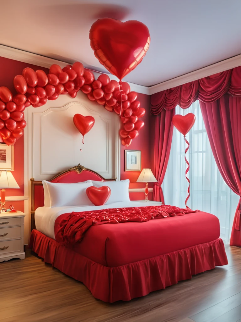 <lora:JJsLoveHotel_XL:1> ((Love Hotel)),  indoors,  masterpiece , best quality,  soft lighting, high quality,  enough detail, high resolution, super realistic, Photorealistic, highly detailed,  ,  window, bed, heart, baloon,fantasy,