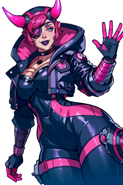 masterpiece,best quality,extreme detail,8k,white background,<lora:wattson:0.8>,wattson,1girl,solo,breasts,looking at viewer,smile,blue eyes,gloves,cleavage,jacket,pink hair,horns,choker,hood,character name,official alternate costume,black jacket,black headwear,bodysuit,makeup,eyepatch,lipstick,hooded jacket,one eye covered,black bodysuit,logo,electricity,cable,mechanical arms,single mechanical arm,purple lips,cyberpunk,black lips,mechanical legs,