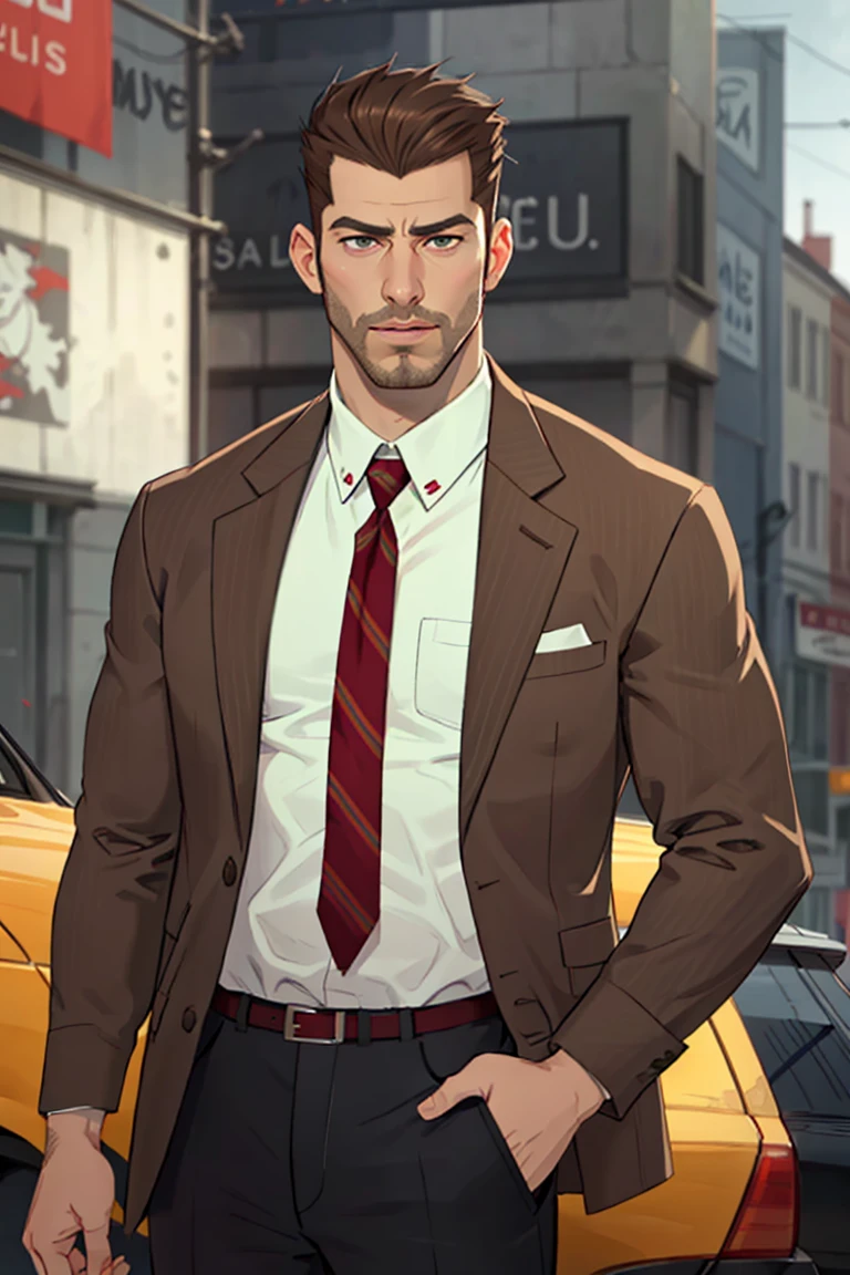 (1 image only),  solo male,  bara,  Chase Devineaux,  French,  detective,  brown hair,  short hair,  hair slicked back,  brown eyes,  sideburns,  facial hair,  broad stubble,  white collared shirt,  striped brown/red necktie,  pure brown suit jacket,  pants,  mature,  handsome,  charming,  alluring,  standing,  upper body,  perfect anatomy,  perfect proportions,  (best quality,  masterpiece),  high_resolution,  photorealistic,  hyperrealistic,  madly detailed photo,  hyper-realistic lifelike texture,  picture-perfect face,  (realistic eyes,  perfect eyes,  perfect eye pupil),  perfect hands,  dutch angle,<lora:EMS-294140-EMS:0.600000>