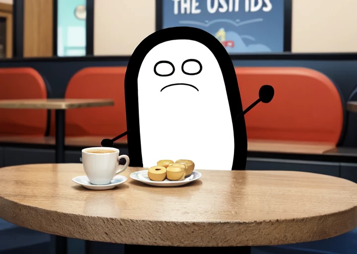 dswants, close up, pill shape, sad face,  cartoon character, stick and dot arms, at a cafe <lora:Dogshitter_Wants:1>
