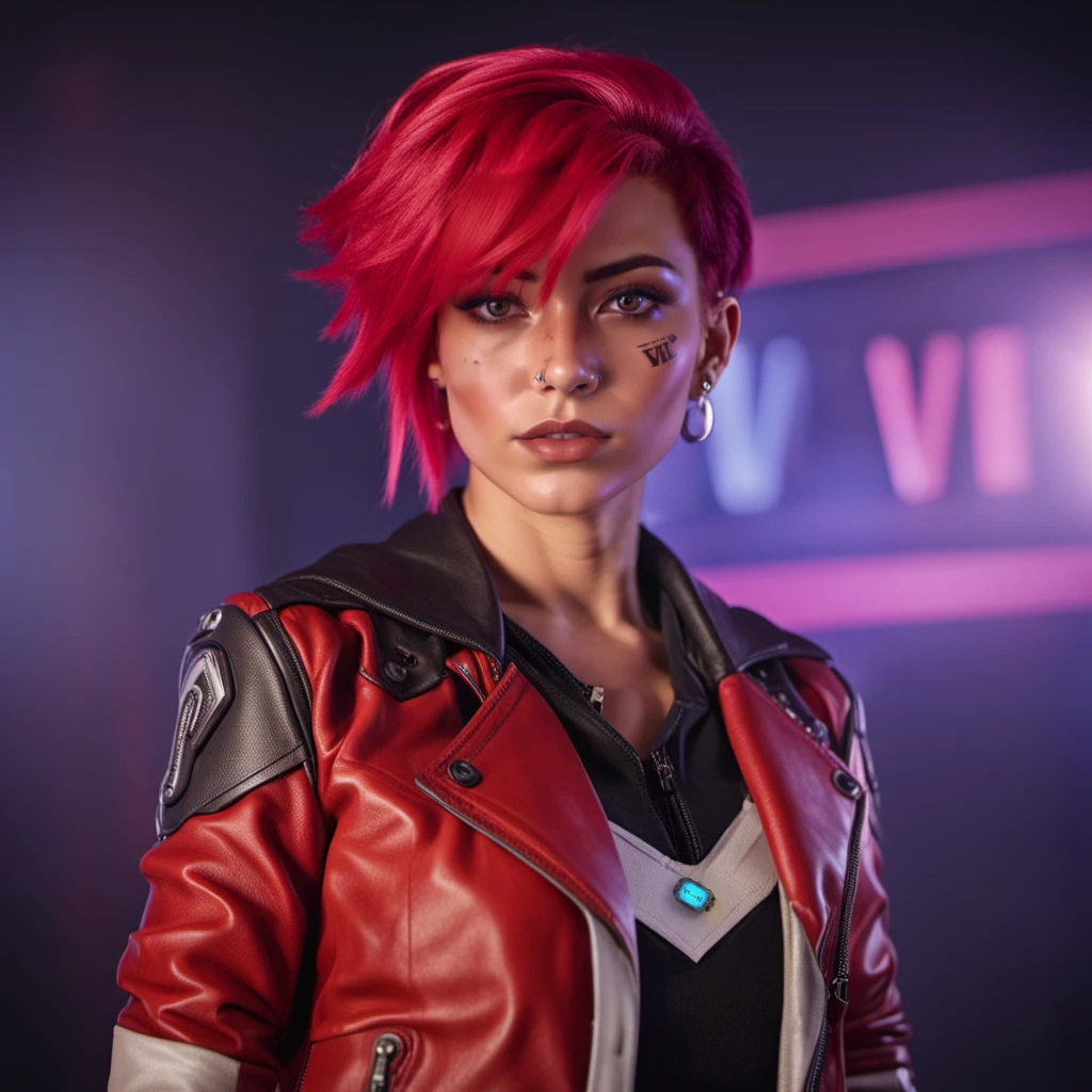 a woman with pink hair, ((((text ''VI''))), red leather jacket, cyberpunk background<lora:Vi1024:0.8>