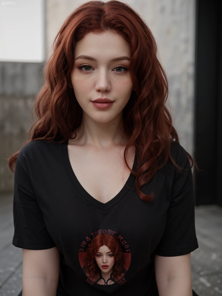 lalyumos, a woman, ((extremely detailed face)), headshot, teeth, parted lips, red hair, ((curly hair)), modern clothes, black T-shirt, short sleeves,
