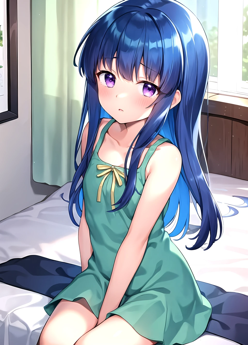masterpiece, best quality, <lora:Rika Furude anylora-000006:0.7>, long hair, furude rika, 1girl, purple eyes, blue hair, looking at viewer, blush, small breasts,, tight clothing, dress, sundress, green dress, sleeveless, sleeveless dress, collarbone, ribbon, bare shoulders, bare arms, sitting on the bed