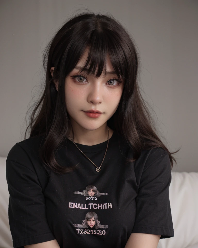 yujikoi, a woman, ((extremely detailed face)), modern clothes, T-shirt, black t-shirt, english text, messy hair, wavy hair, bangs,