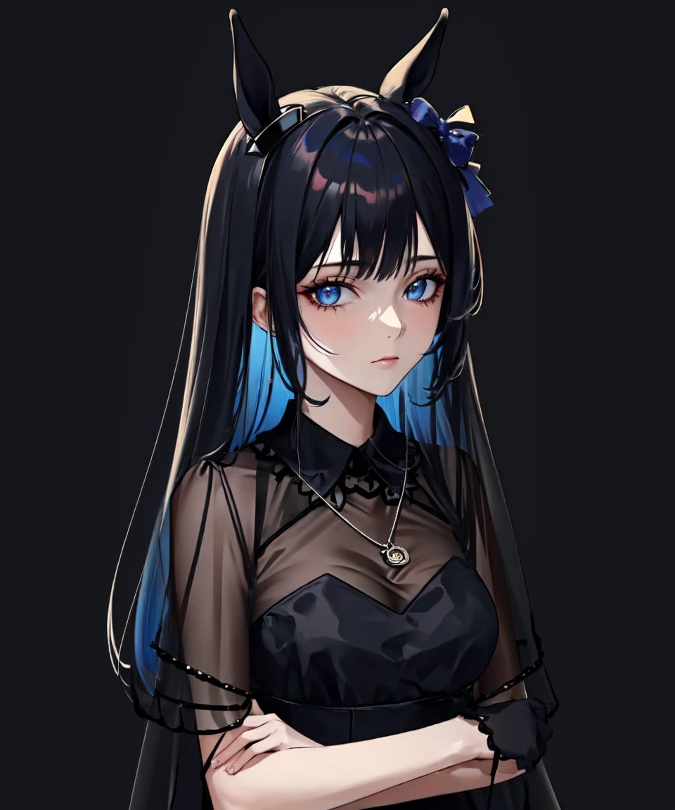 (dark:1.4), looking at viewer, night, black background, facing viewer,
1girl, solo, bule_eyes, long brown hair, (horse ears, horse tail:1.2),
(cool, calm, expressionless, despair), upper body,
widow, mourning, black_long_dress, lace, high heels, black gloves,
blue bowtie, (horse shoe necklace:1.3), blue hair bow,
<lora:LowRA:0.5>, grief, <lora:deep_impact_v2-000012:0.75>, <lora:bl4ckw1dowdr3ss:0.5>, bl4ckw1dowdr3ss, black dress, standing, see-through shawl,