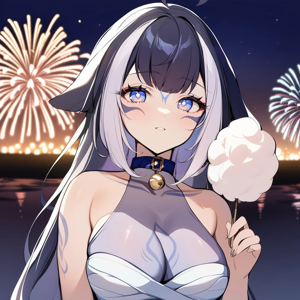 1girl, solo, ShylilyThird, detailed face, detailed eyes, cotton candy in hand, fireworks shoot in distance, upper body, at night, aesthetic style, masterpiece, best quality <lora:Shylily-000003:1.0>