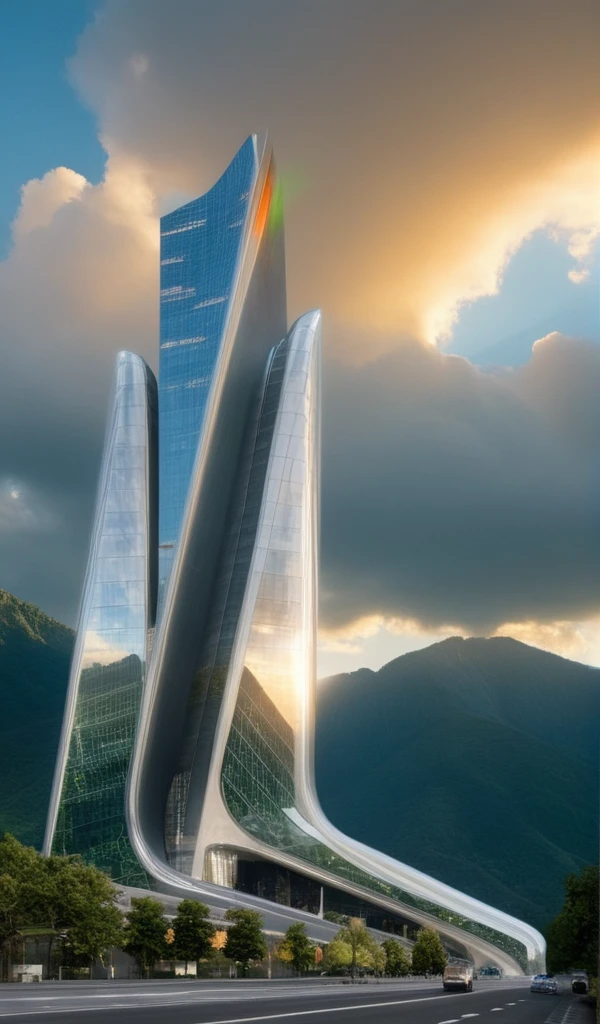 <lora:JJsSkyscraper_SDXL:0.7>, ((Skyscraper)),building,masterpiece , best quality, soft lighting, high quality,outdoors,cloud, tree, blue sky, building, scenery,real world location,, , traffic light, lots of trees, sunlight, public blocks,daytime, mountains, lively city streets, enough detail, high resolution, super realistic, Photorealistic, highly detailed,reflection,glass,